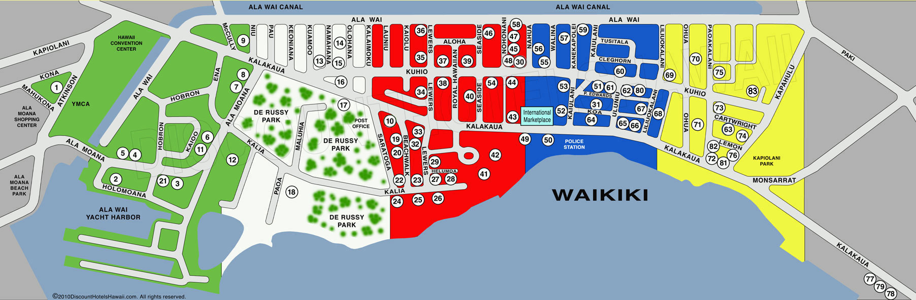 Map of Waikiki with hotel locations