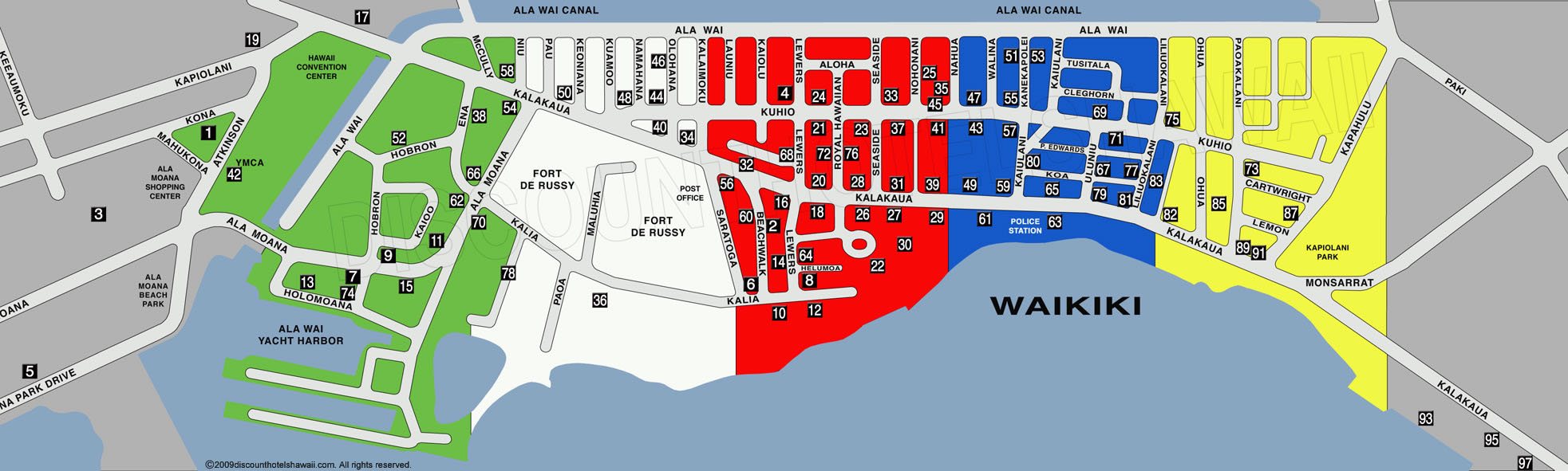 Map of Waikiki with hotel locations